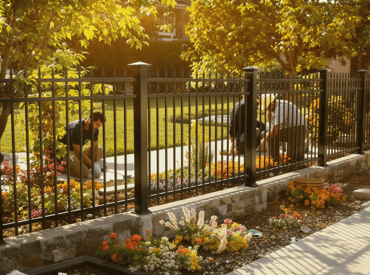 Luxury Outdoor Living Three people tend to a flower bed beside a black metal fence in a sunlit garden, surrounded by blooming flowers and green grass. Toronto Contractors