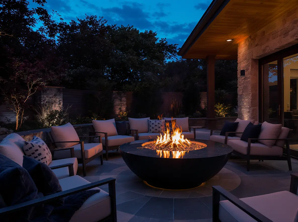 Luxury Outdoor Living Outdoor patio at dusk with cushioned chairs arranged in a circle around a modern round fire pit, surrounded by trees and a stone house. Toronto Contractors