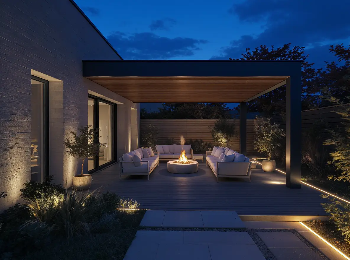 Luxury Outdoor Living Modern outdoor patio at dusk with a pergola, cushioned seating, and a central fire pit, surrounded by potted plants and soft ambient lighting. Toronto Contractors