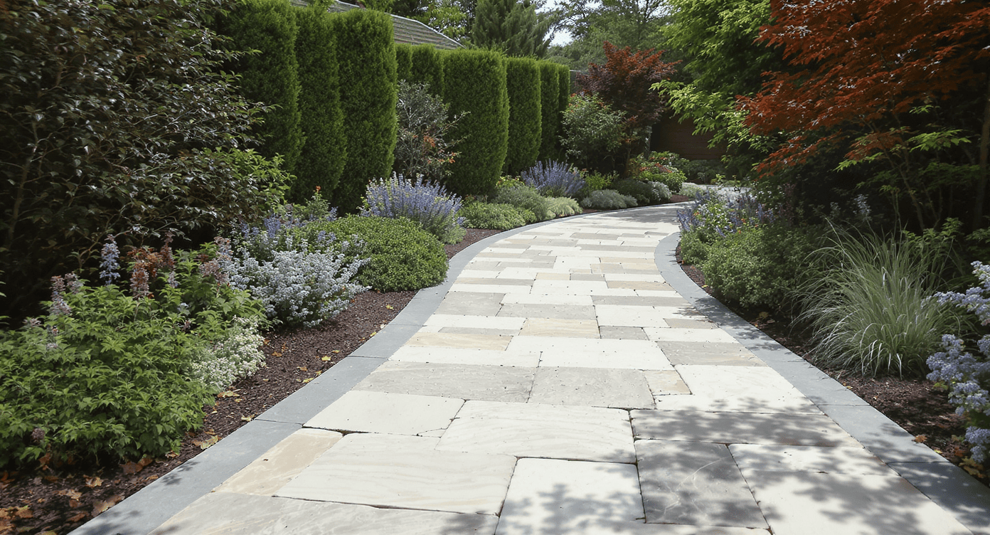 Luxury Outdoor Living Curved stone pathway bordered by various green shrubs, purple flowers, and red-leaved trees in a landscaped garden. Toronto Contractors
