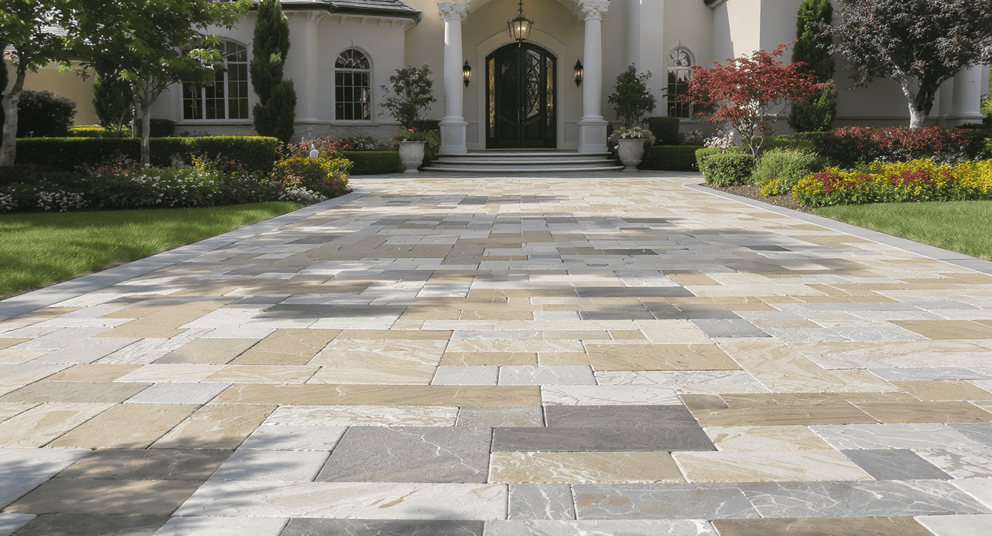 Luxury Outdoor Living A wide stone-tiled driveway with rectangular patterns leads to the entrance of a large, elegant house with manicured lawns and shrubs. Toronto Contractors