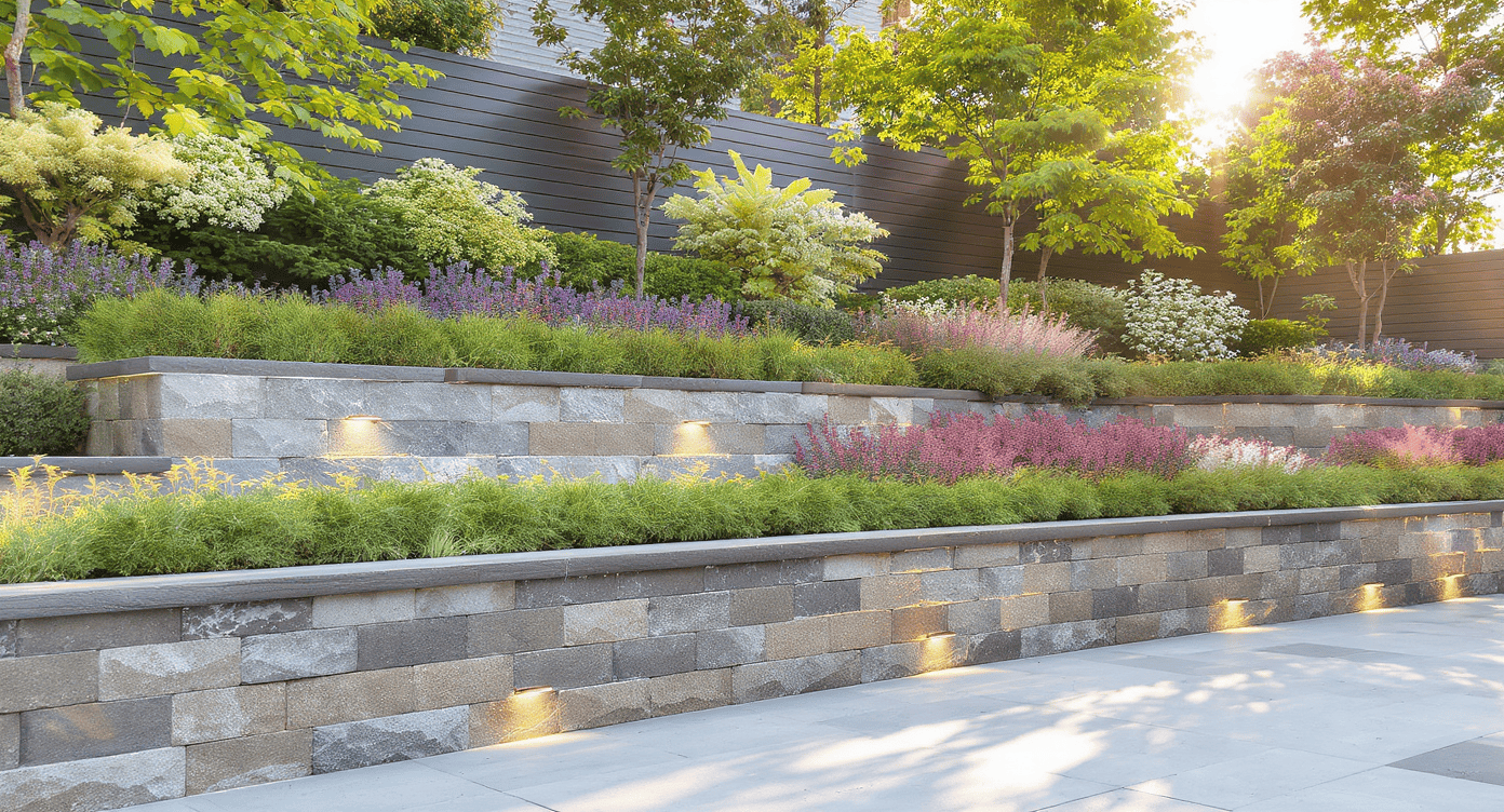 Luxury Outdoor Living Tiered stone retaining walls with built-in lights, lush green shrubs, and purple and white flowering plants in a landscaped garden at sunset. Toronto Contractors