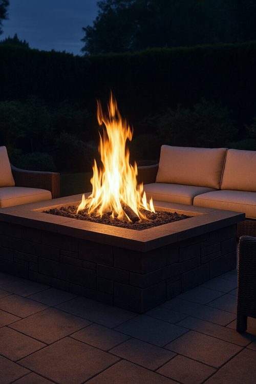 Luxury Outdoor Living Four cushioned wicker chairs arranged around a square outdoor fire pit create a Luxury Outdoor Living space on the patio at night, framed by trees and glowing lanterns in the background. Toronto Contractors