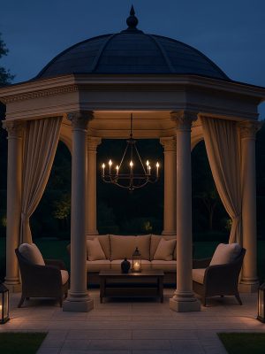 Luxury Outdoor Living A stone gazebo with columns and draped curtains is softly lit by a chandelier and lanterns, featuring cushioned seating and a table—a perfect haven for luxury outdoor living in a landscaped garden at dusk. Toronto Contractors